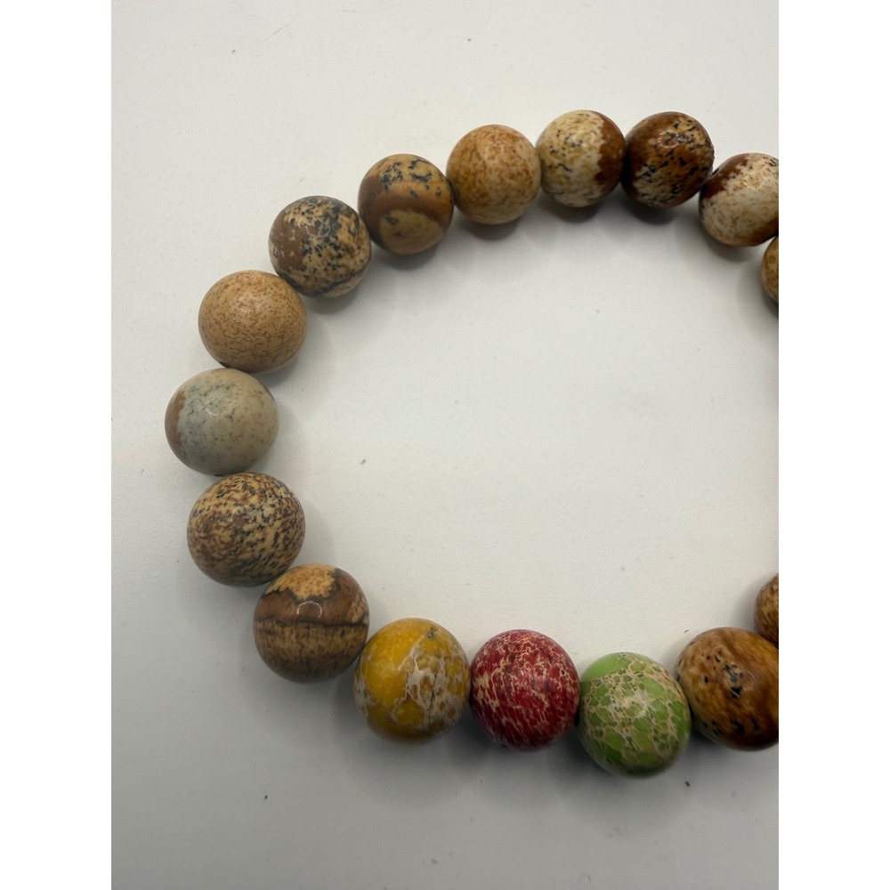 Natural Jasper Stone Bead Stretch Bracelet Earthy Brown Tan Multi-Color Boho